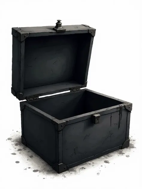 An illustration-style, old and worn black mystery box with visible scratches and scuffs. The lid is slightly open, revealing only darkness inside, giving no hint of its contents. The background is completely blank and seamless, creating a simple yet unsett...