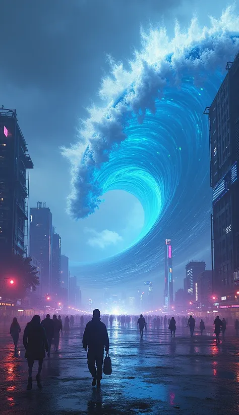  Imagine a tsunami formed by pure energy , Instead of water. On the horizon,  an immense wall of light and sound Move quickly toward a futuristic city .  The light waves shine in intense shades of blue and purple ,  while the sounds of electronic drums and...