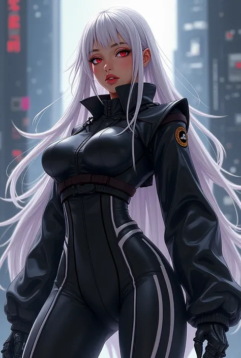 
A tall brown woman with red eyes and white hair wears a black futuristic suit with white stripes and a black jacket shirt in anime cartoon style