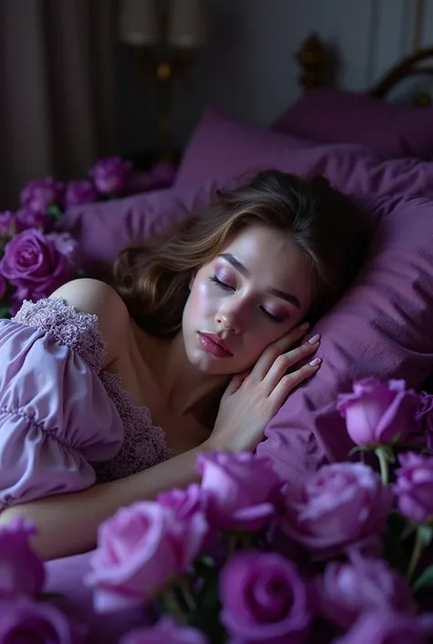 The bedroom was covered in beautiful purple enchanted roses, and their fragrance was intoxicating. Heartbroken princess lying comfort to the bed with tears in eyes, crying for the lost love, black rose from an enchanted garden in a far-off land. photoreali...