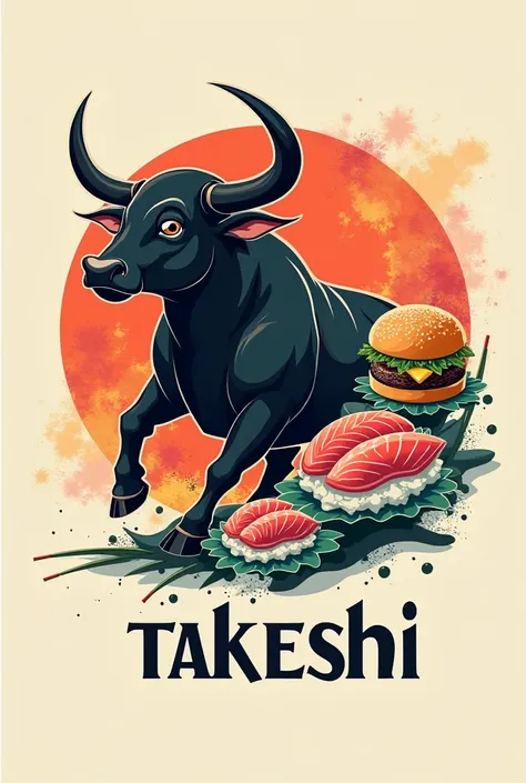 Create an animated sushi restaurant logo named Takeshi featuring a bull, atum, Hamburger and Huramaki  