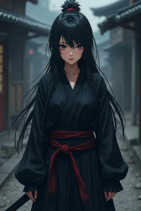 Anime style girl. Long black spiky hair. She’s a ninja. Her eyes are black. 