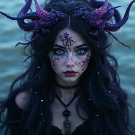 Fae Rare ,  face with colors around dark purple colors,  dark blue and black. dark, And without light. very magical. A free and rare being, A libertine fairy who loves her freedom, On the seashore