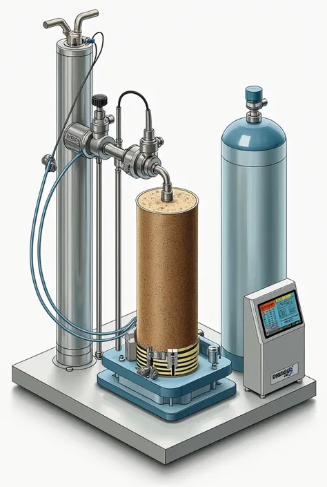 Helium porosimeter set up showing the different components of the helium porosimeter setup , including the core plug , helium gas cylinder , and measuring instrument 