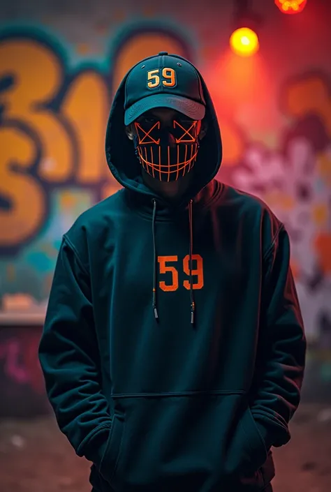 Donne moi une vidéo 4D  d'un rappeur qui porte un masque 59, et une casquette 59, et derrière lui un tag de "ANAS59" et studio music


