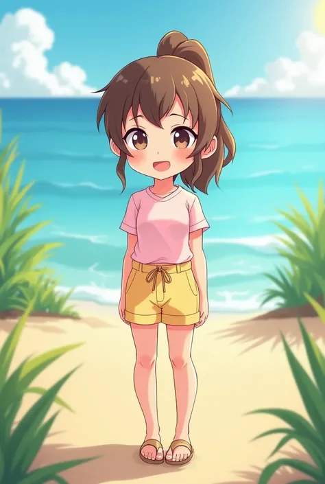  A woman with chibi style wearing light yellow shorts and light pink t-shirt , wearing nude sandal ,  hair tied in a ponytail ,  in a summer landscape and her expression is that of someone who is feeling very warm