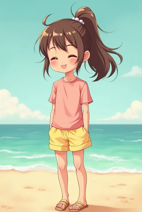  A woman with chibi style wearing light yellow shorts and light pink t-shirt , wearing nude sandal ,  hair tied in a ponytail ,  in a summer landscape and her expression is that of someone who is feeling very warm