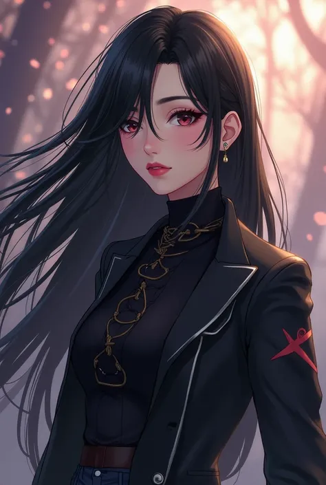 woman with long black hair and black jacket,  character portrait by Ian J ,  artstation ,  digital art ,   handsome guy in the art of demon slayer ,  in Boweter art style,  handsome androgynous prince dances gracefully,  delicate androgynous prince ,  attr...