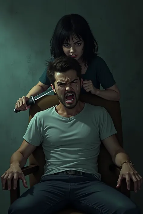 Angry man with teary eyes sitting on a chair behind him a girl threatens him with a knife to his neck