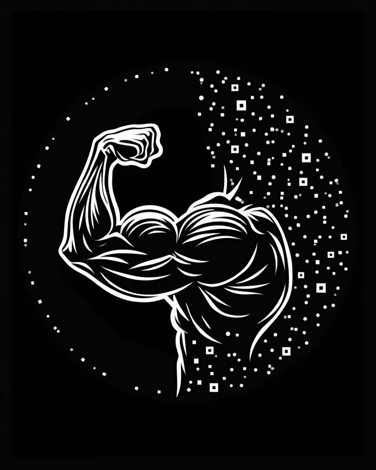  Create a white QR code on a scannable black background .  at the city centre, insert a circle with the design of a flexing muscular arm (highlighting the biceps ).  The arm design must be minimalist and in white ,  contrasting with the black background . ...