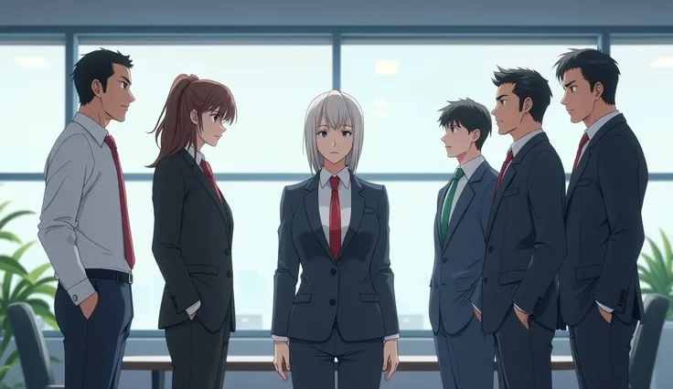 one office lady and four Japanese middle-aged businessmen gazing at the lady, the four men are away from the lady, anime, high quality
