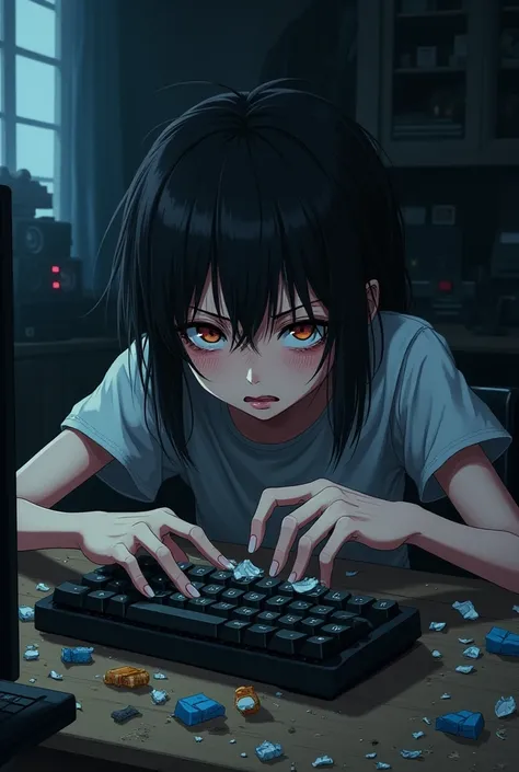 Make a emo nervous anime girl breaking keys on same gaming keyboard