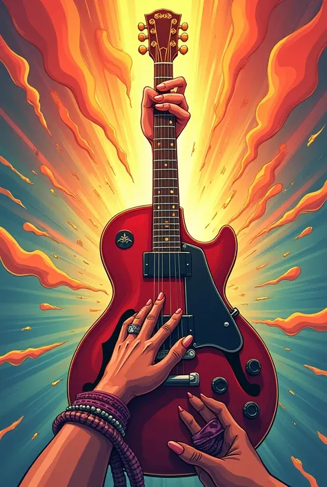 Guitar V, with feminine hands holding it and arm bands on the arms,  guitar with rays falling around style Cartoon super hero