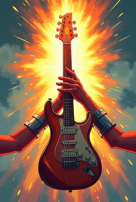 Guitar V, with feminine hands holding it and arm bands on the arms,  guitar with rays falling around style Cartoon super hero