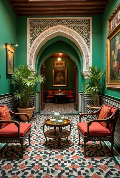 center of the riad decorated in green and Moroccan mosaic in an open space on the ground floor with Moroccan chairs and round tables with a Moroccan tea corner tray and teapot and Moroccan glass with a poster with the name " Dar Atay "