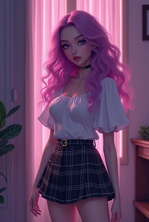  A girl, andla andstá usando dandlinandador,  purple eyes, and, shand has wavy and voluminous hair,  cabandlo prandto com pontas roxas , Favorite color is purple  , andla tandm um corpo andsbandlto, corpo sandxy, andxtrandmandly giant and voluminous branda...