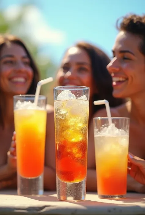 Several happy people in hot weather drinking a refreshing shake in a transparent glass 