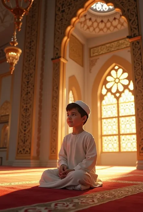 Sure! Here's a detailed prompt for your image:  

*"A young boy, around , sits peacefully on a prayer mat inside a beautifully decorated mosque, having just completed his prayers. He wears a white thobe and a small kufi cap, his hands resting on his lap as...