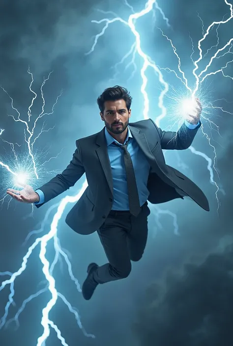 Handsome man dressed in an elegant gray suit with blue shirt and gray tie casting lightning magic while flying