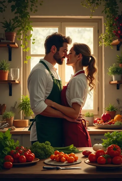  Book cover, with a woman and a man Italian chefs wearing aprons, kissing in the background of a kitchen table full of ingredients and utensils, And secrets