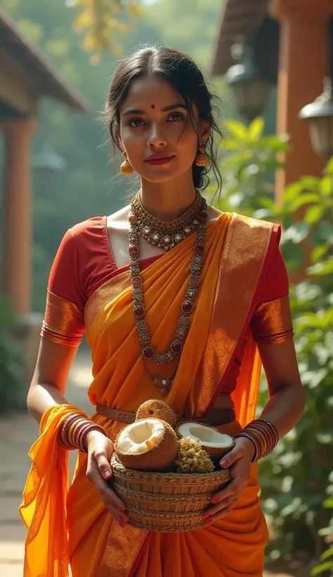 A beautifil women who were sari choli garland lipistic nailpolish tika which is rady to go Hinduism temple catching beautiful basket which is full of worship material such as coconut flower 