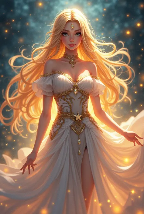 Anime picture of a charming woman doing magic and being a beautiful woman with long yellow hair