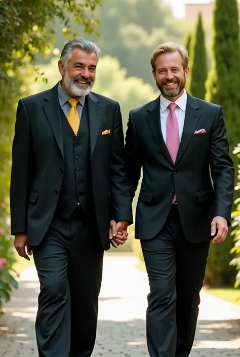  Handsome older Arab man with dark gray hair , tall and muscular,  wearing a three-piece black suit , gray shirt and yellow silk tie ,  smiling next to a young white man with blond hair , beard, about thirty years old, wearing a black two-piece suit with w...