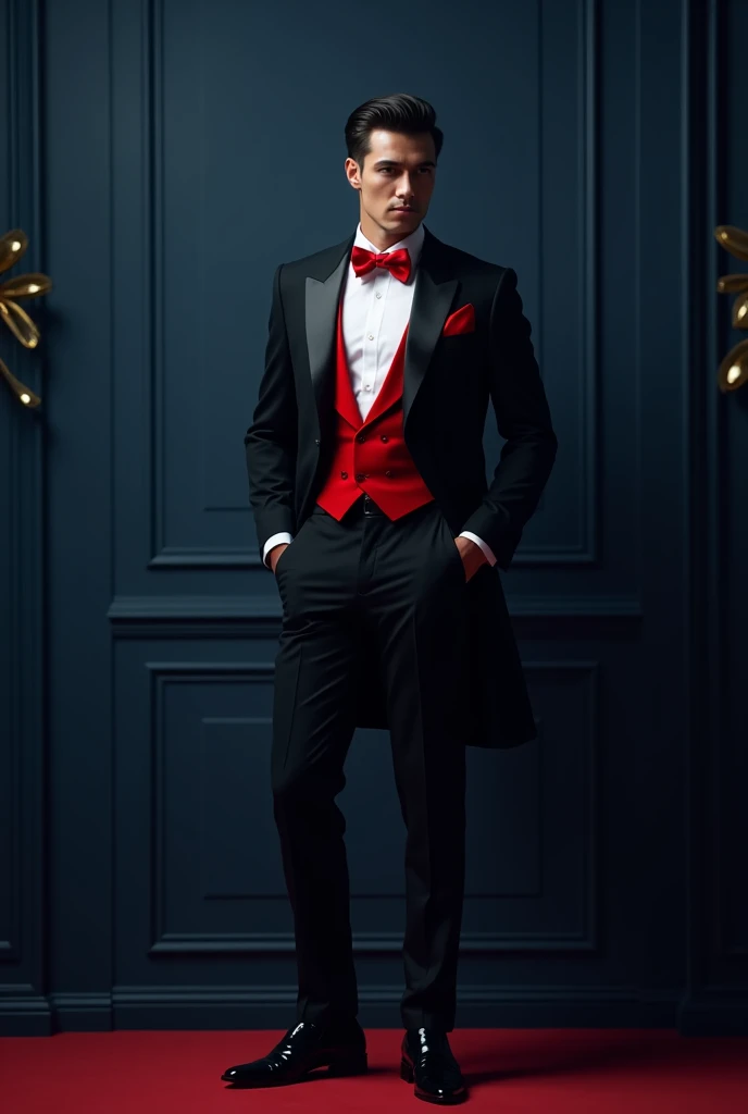 Wedding Prom Tuxedo Party Black + Red Navy Blue Man black hair 