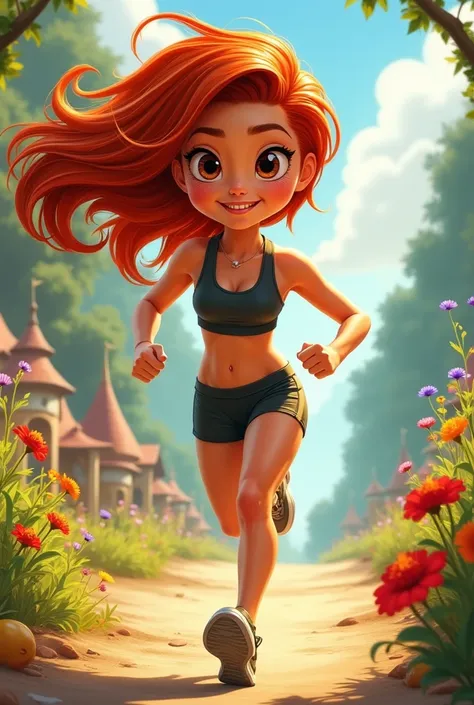 Disney-style cartoon of tanned skin and red-haired girl running athlete wearing sports clothes and dark eyes