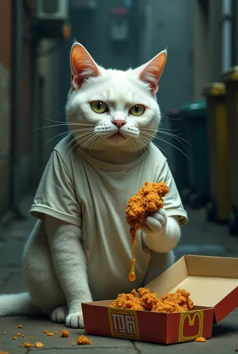  A realistic-looking white cat , wearing a dirty white t-shirt,  is sitting in a dark, urban alley .  He holds a piece of fried chicken with an unsatisfied or serious expression,  while some of the food falls out of your hand .  on its side,  there is an o...