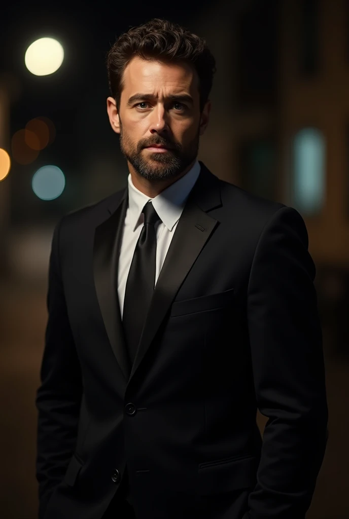  Making a handsome 30-year-old man in a black suit and tie ,  Executive Director ,  curly brown hair , ( Man in a black suit and tie ), ), (Clean shaven),  attractive and serious looking , short dark hair, Elegant and stylish, Flush shave and strong body ,...