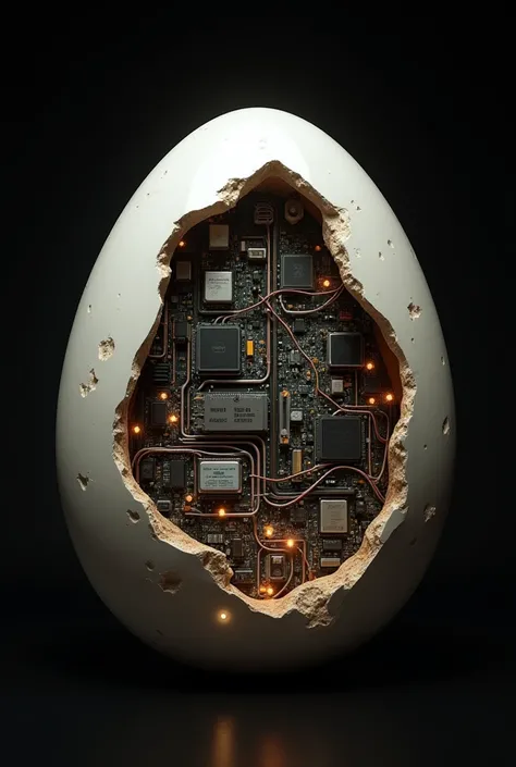 Giant egg hollowed inside the egg of electronic components photo realistic  , egg on a black background 