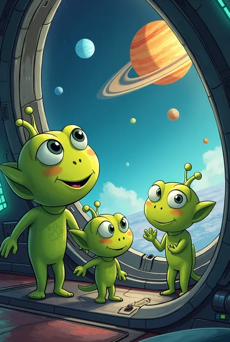 Cartoon green aliens with antennas inside a ship in outer space curiously observing the solar system with the surrounding planets