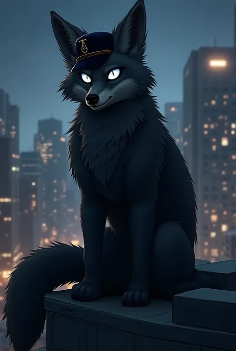  A tall furry fox of dark gray color with short black hair, sits on the roof of a high-rise building in the middle of the city at night,  bright white eye , long snout and sharp fangs, wearing a black military uniform and cap,  long and fluffy tail ,  mass...