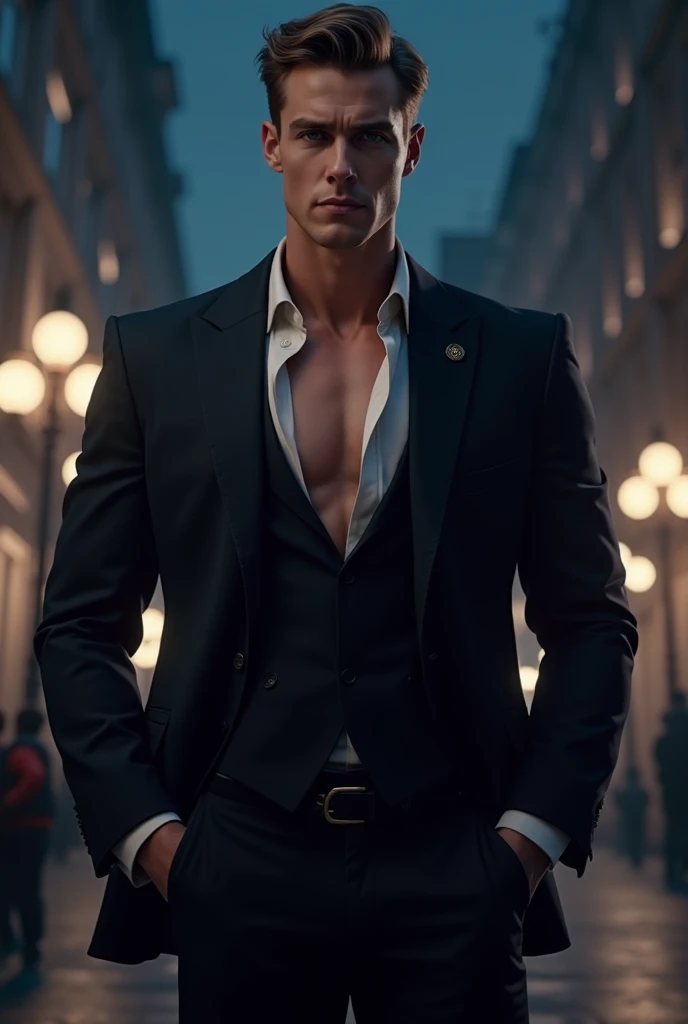  English man,  elegant, strong, blue eyes, Tycoon in a black suit with an open shirt showing his bare chest at night in London