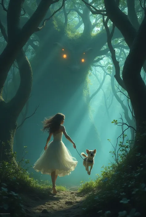 A  with her little dog escaping from magical trees in a Mysterious dark forest