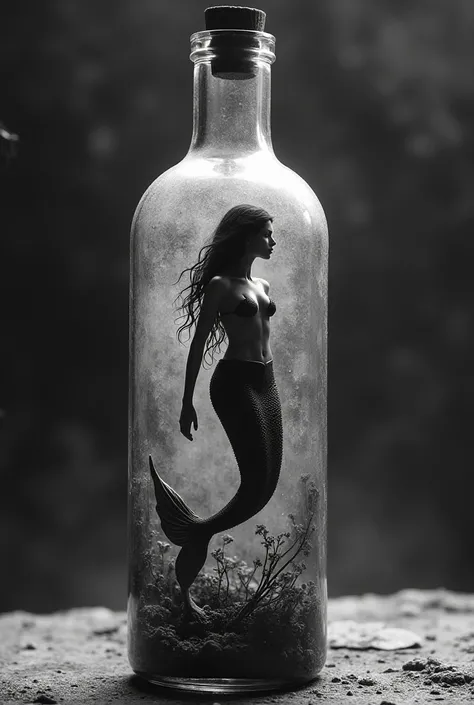  Mermaid inside a black and white bottle 