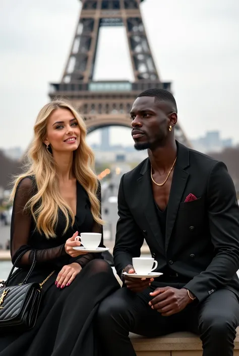 A couple of a blonde woman,  green eyes, long wavy hair very soft on the shoulder,  in a luxurious black haute couture outfit, Sitting in front of the Eiffel Tower having a coffee, with a Yves San Laurent bag in his hand, shigh high, dressed for a luxury e...