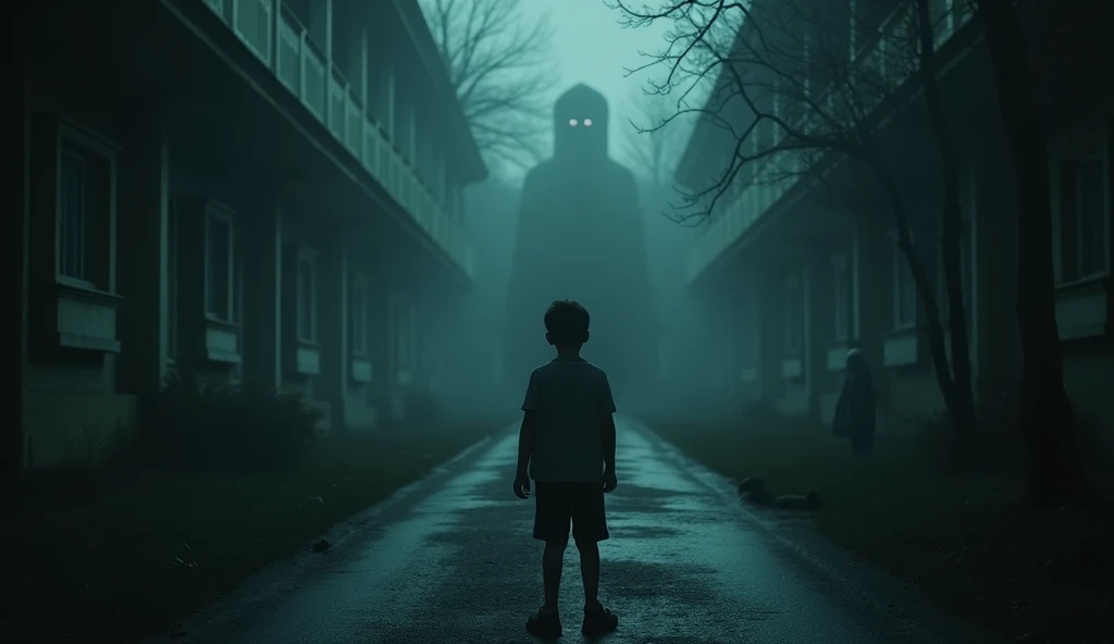  Realistic and high-quality image in horizontal orientation ,  designed as a YouTube miniature for a horror video .  The composition includes several chilling elements :  A faceless boy standing on a dark path with a faint haze ,  an old phone with the scr...