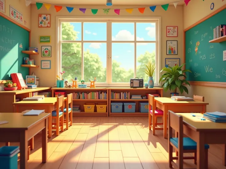 A bright, cheerful classroom with colorful decorations, friendly cartoon posters, and big windows showing a sunny sky. The walls have alphabet letters, numbers, and playful drawings. The floor is soft and inviting, with a reading corner, a chalkboard, and ...