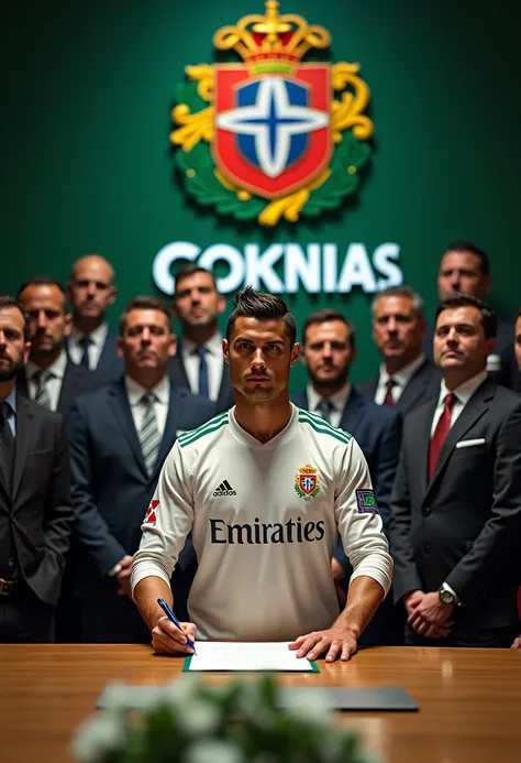 Create an image of Cristiano Ronaldo signing with the Corinthians team 