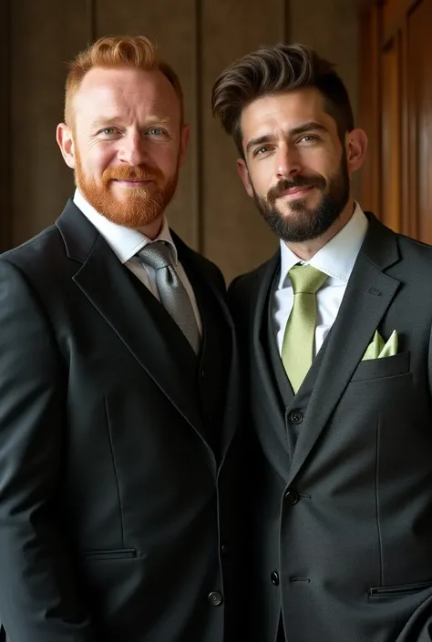  Handsome older red-haired man dressed in a three-piece black suit , silver tie and white shirt ,  marrying a young man with brown hair and a trimmed beard who wears a dark gray three-piece suit with a white shirt and lime-colored tie