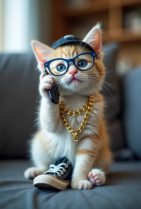 cute kitten with blue eyes, transparent glasses with blue frames, holding a cell phone to his ear as if talking with his mouth, The stylish cat, cap on his head, sneakers, gold chain around his neck sitting on a sofa, legs crossed in a room big
