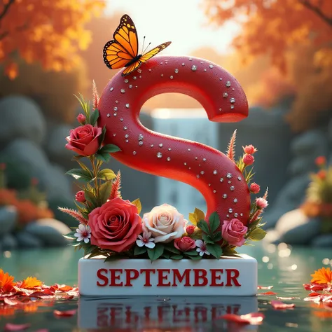 A 3D render by BeUnique777 of a bold, red-textured letter "S" with a mesmerizing design. The letter is placed on a white plaque with the name "SEPTEMBER" in bold red font. There's a fluttering red, orange, and yellow butterfly at the peak of the letter. Th...