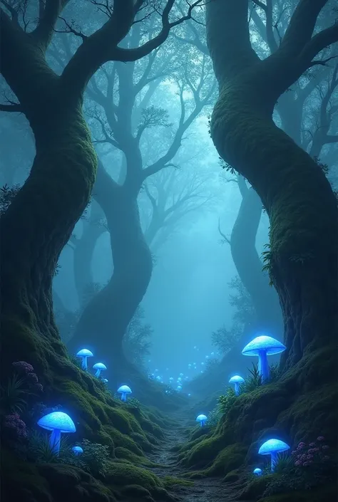 A mysterious forest with glowing blue mushrooms, a misty space, in a fantasy art style