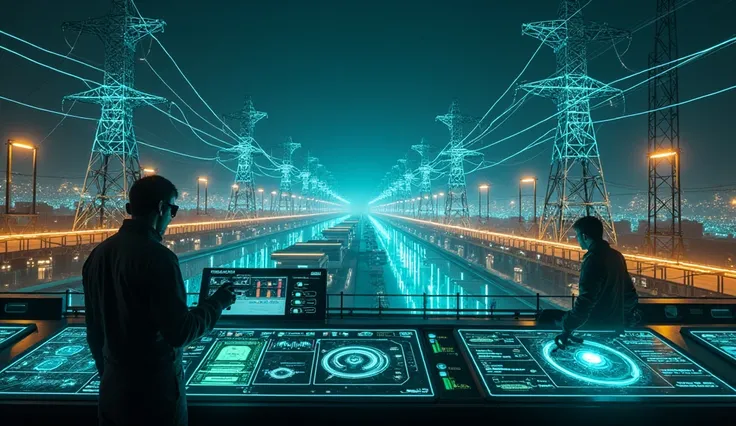 "A futuristic Electrical Engineering facility at night, illuminated by a mix of glowing neon circuits, high-voltage power lines, and dynamic energy fields. The background features a massive smart power grid with towering transmission lines, Tesla coils emi...