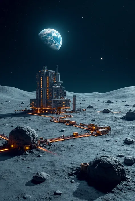 "A technological complex on the Moon with futuristic metallic buildings, LED lights, and servers connected by glowing cables. Earth looms in the distance as the lunar landscape reflects humanity's ambition to expand its digital infrastructure beyond the pl...