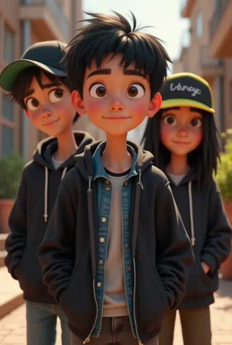  Pixar photo of Three boys standing in front ,  the first man a little chubby brown eyes ripped ,  long hair brushed forward color black ,  black sweatshirt with a silver chain ,  the second boy skinny man ,  white with their eyes open in front ,  wearing ...