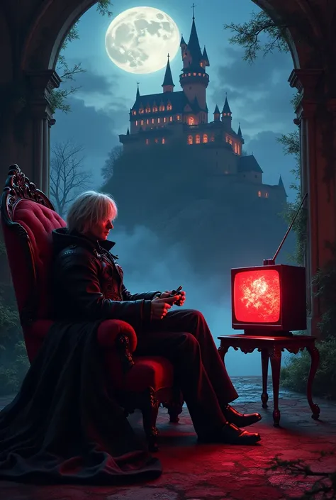 I would like an image similar to the style that I will send next, I will describe it as a wallpaper of Alucard de Castlevania sitting in a Victorian-style chair while in the background you can see Dracula's castle, Meanwhile, Alucard can also be seen in hi...