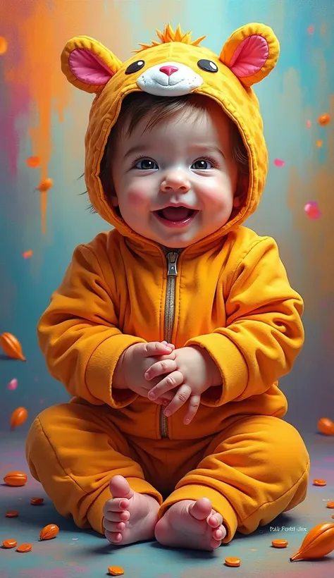 An ultra realistic oil-painted full-body image of a baby dressed in a playful joy costume against the fun colorful joyful background